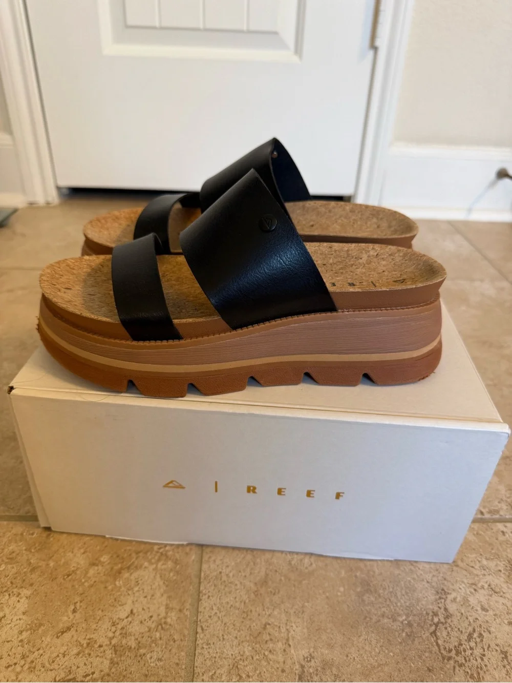 Reef Vista Luxe Siaa Black Leather Double-Strap Continued Comfort Sandal